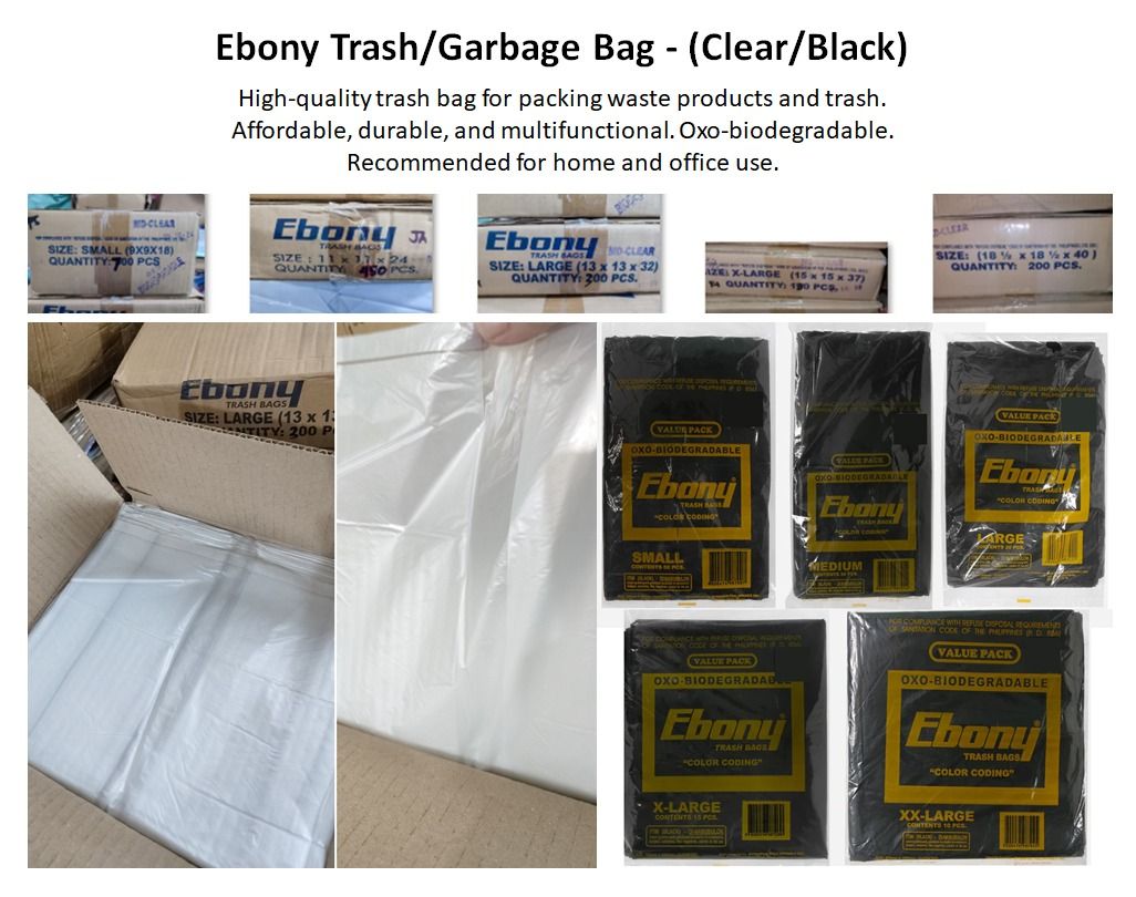Ebony Trash/Garbage Bag - (Clear/Black) (Category: Waste Bins & Bags) located in Manila. Submitted by golden888onlineshop (Listing ID 1369215206, Image 1). Description: Ebony Trash/Garbage Bag - (Clear/Black) High-quality trash bag for packing waste products and trash. Affordable, durable, and multifunctional. Oxo-biodegradable. Recommended for home and office use. Size (inches): *MD-Clear Small (9 x 9 x 18) / 700pcs Medium (11 x 11 x 24) / 450pc