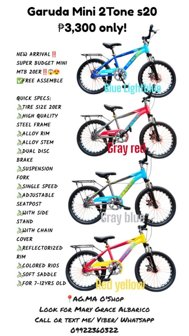 👉GARUDA MINI 2TONE MTB SIZE 20 (#992) (Category: Bicycles) located in Antipolo. Submitted by mgrace0920 (Listing ID 1369197089, Image 1). Description: NEW ARRIVAL‼️SUPER BUDGET MINI MTB 20ER‼️😱😍 👉GARUDA MINI 2TONE MTB SIZE 20 (#992) ✅FREE ASSEMBLE ▪️3,300ONLY👌 Available color 🚲Red yellow 🚲Gray red 🚲Gray blue 🚲Blue lightblue QUICK SPECS: 🚴‍♂️TIRE SIZE 20ER 🚴‍♂️HIGH QUALITY STEEL FRAME 🚴‍♂️ALLOY RIM 🚴‍♂️ALLOY STEM 🚴‍♂️DUAL DISC BRAKE 