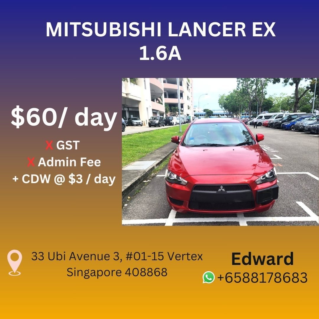 (PARF) Mitsubishi Lancer EX 1.6A (Category: Car Rental) located in Singapore. Submitted by aatrust.auto (Listing ID 1369167532, Image 1). Description: DEPOSIT OF $500 ONLY! *$60/day for drive-till-scrap contract! 𝐏𝐇𝐕 / 𝐏𝐄𝐑𝐒𝐎𝐍𝐀𝐋 / 𝐂𝐎𝐑𝐏𝐎𝐑𝐀𝐓𝐄 / 𝐃𝐄𝐋𝐈𝐕𝐄𝐑𝐈𝐄𝐒 ✅ Food, Parcel & Deliveries ✅ Referral Rental Rebates ✅ Add-on CDW Compulsory ✅ Replacement Car Provided ✅ Insurance, Servicing & Maintenance Coverage ✅ Unlimited Mile