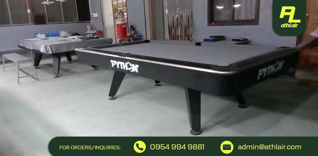 Python Pool Table 5x9ft Standard Billiard Table (Category: Billiards and Bowling) located in Quezon City. Submitted by guen.mar (Listing ID 1369177712, Image 2). Description: PYTHON POOL TABLE 5x9ft ₱95,000 TOURNAMENT GRADE Color: Coal Black Product Specifications • Premium Stone Slate • Fire & scratch proof finish • Sleek steel legs • Top quality rubber cushions • Metal corner & side plates Product Inclusions • 1 EVO Andy 600 Cloth • 4 pc House 