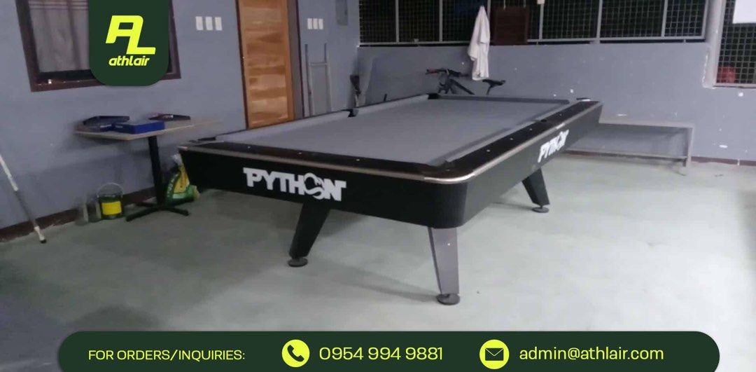 Python Pool Table 5x9ft Standard Billiard Table (Category: Billiards and Bowling) located in Quezon City. Submitted by guen.mar (Listing ID 1369177712, Image 1). Description: PYTHON POOL TABLE 5x9ft ₱95,000 TOURNAMENT GRADE Color: Coal Black Product Specifications • Premium Stone Slate • Fire & scratch proof finish • Sleek steel legs • Top quality rubber cushions • Metal corner & side plates Product Inclusions • 1 EVO Andy 600 Cloth • 4 pc House 