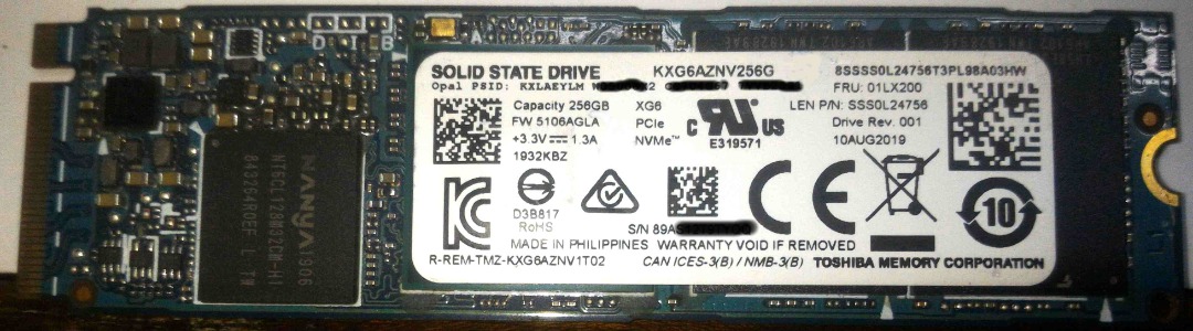Toshiba / Samsung 256GB NVMe M.2 SSD