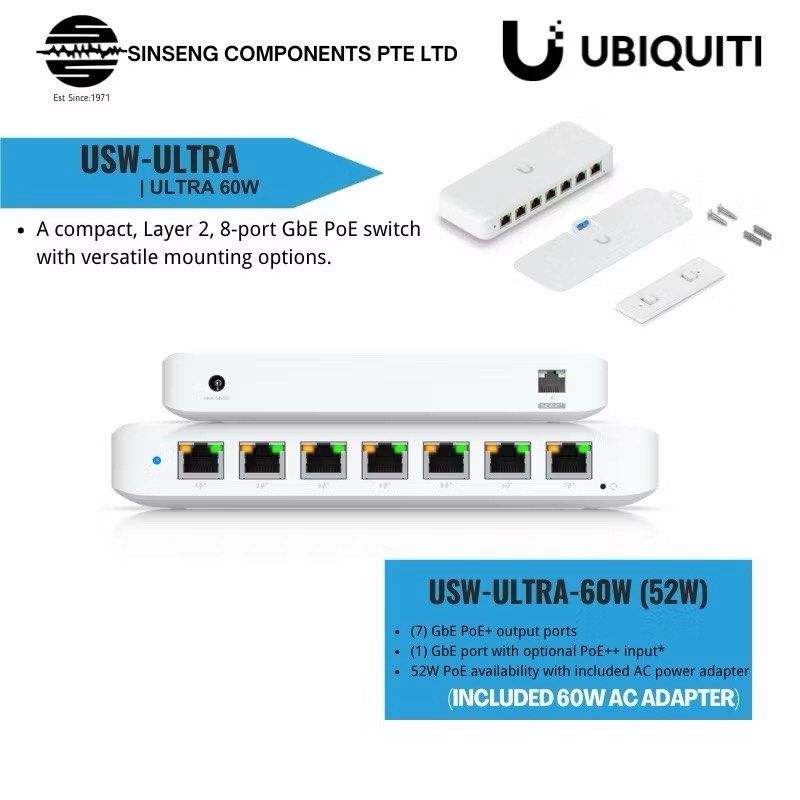 Ubiquiti Unifi Switch Ultra 60W, USW-ULTRA-60W Included 60W AC Adapter| 8 Port PoE Switch- 1 Year Warranty (Category: Networking) located in Singapore. Submitted by SinsengComponentsPteLtd (Listing ID 1328528900, Image 1). Description: Est. 1971, Sinseng Components Pte Ltd , Formerly known as Sin Seng Radio & TV Parts Dealers located at Kelantan in 1960s, Sinseng Current Flagship Store is located at: #01-11 Sim Lim TOWER (S)208787. We’re Importer