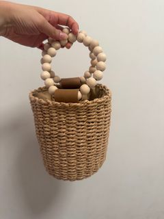 串珠手提草编包手工编织包圆形抽袋小清新休闲海边沙滩提手水桶包64172662706946110