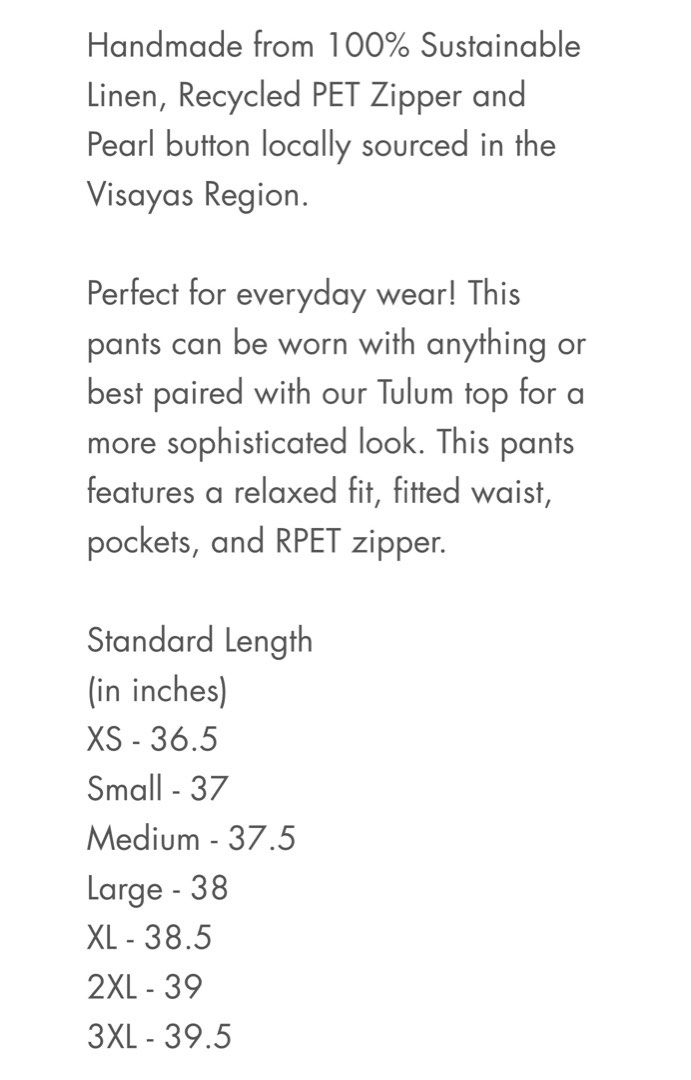 Artisanat Brisbane Pants S (Category: Other Bottoms) located in Marikina City. Submitted by declutterisse (Listing ID 1369398969, Image 3). Description: Used thrice. Just kept. Would need to be steamed to remove the creases. Nice linen material. High-waisted. This is size S (pls see photo for size chart). For reference, I'm 5'4 and this ends right before my ankles. My waist is around 27-28, it still fits but medyo tight. Better fit for 25-26. Rfs