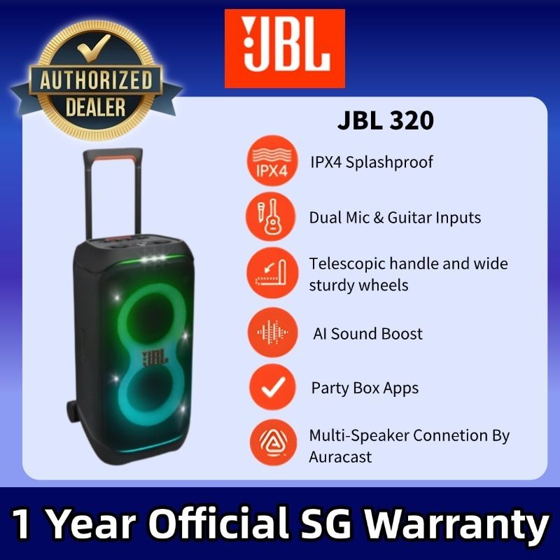 JBL 320 Party Box | AI Sound Boost | Multi-Speaker Connection By Auracast | Dual Mic & Guitar Input (Category: Soundbars, Speakers & Amplifiers) located in Singapore. Submitted by micox.marketing (Listing ID 1369364831, Image 1). Description: [𝟏 𝐘𝐞𝐚𝐫 𝐉𝐁𝐋 𝐒𝐢𝐧𝐠𝐚𝐩𝐨𝐫𝐞 𝐖𝐚𝐫𝐫𝐚𝐧𝐭𝐲] [𝐀𝐮𝐭𝐡𝐞𝐧𝐭𝐢𝐜 𝐆𝐮𝐚𝐫𝐚𝐧𝐭𝐞𝐞] [𝟏𝟎𝟎% 𝐁𝐫𝐚𝐧𝐝 𝐍𝐞𝐰] Installment: Atome 3 Months: $254 Atome 6 Months: $127 Atome 12 Months: $64 GrabPa
