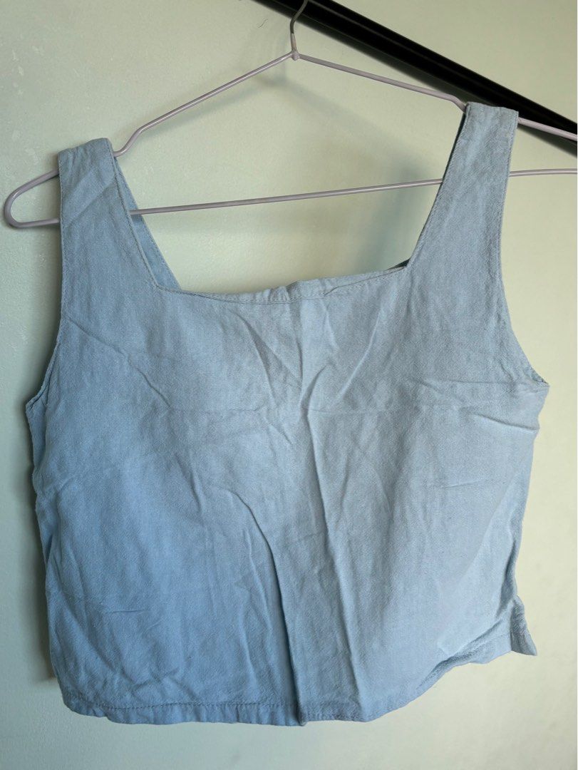 Light Blue Linen Coordinates (Category: Sets or Coordinates) located in Manila. Submitted by declutteringboop (Listing ID 1369431449, Image 2). Description: - light blue linen - soft fabric - top and shorts - garterized shorts .