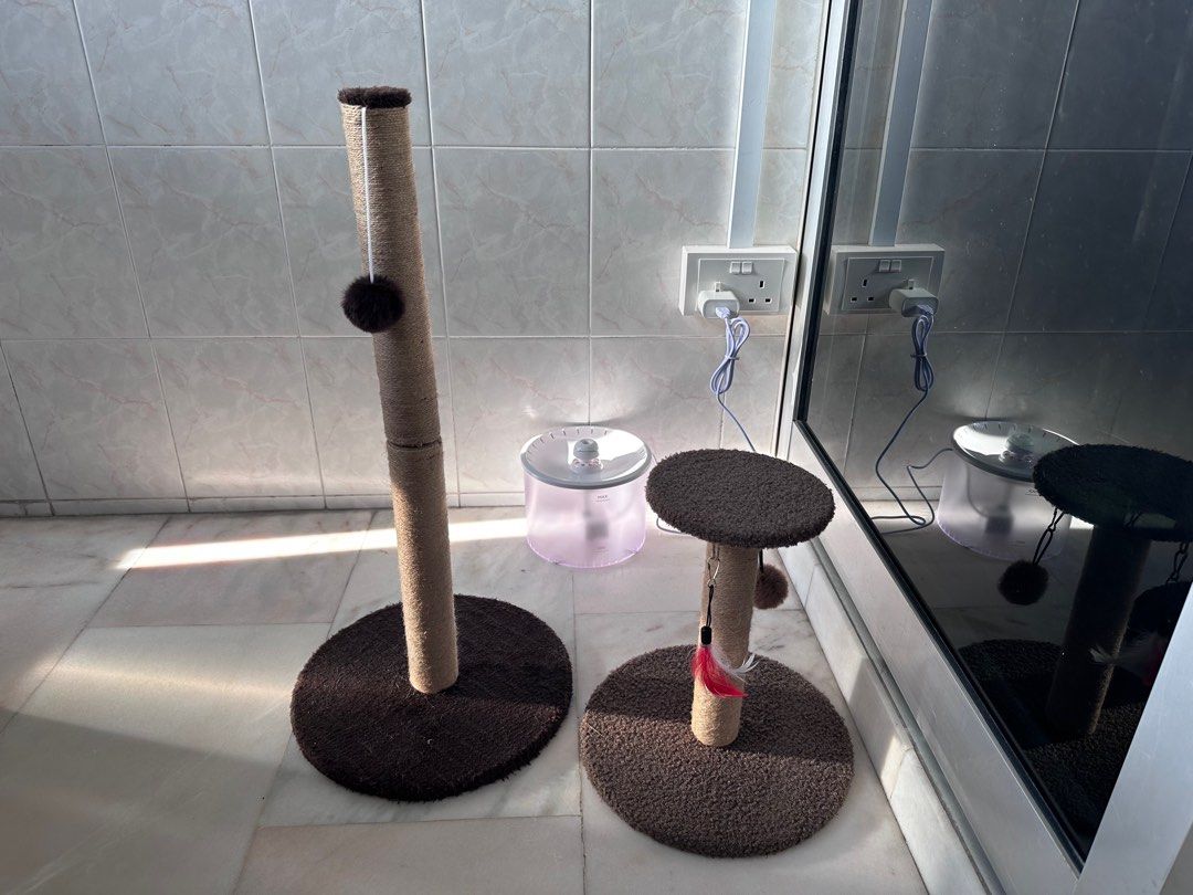 Pre loved cat supplies (Category: Homes & Other Pet Accessories) located in Singapore. Submitted by maiiyo (Listing ID 1369354223, Image 2). Description: The 116cm cat condo is still in the box, unopened. Will need buyers to fix it themselves. The others are all fixed, used only for a day. Prices: 116cm cat condo - $60 Dome cat cando - $40 Small narrow scratch posts - $25 each Cat resting scratch bed - $15 each Prices are negotiable, dm to discus