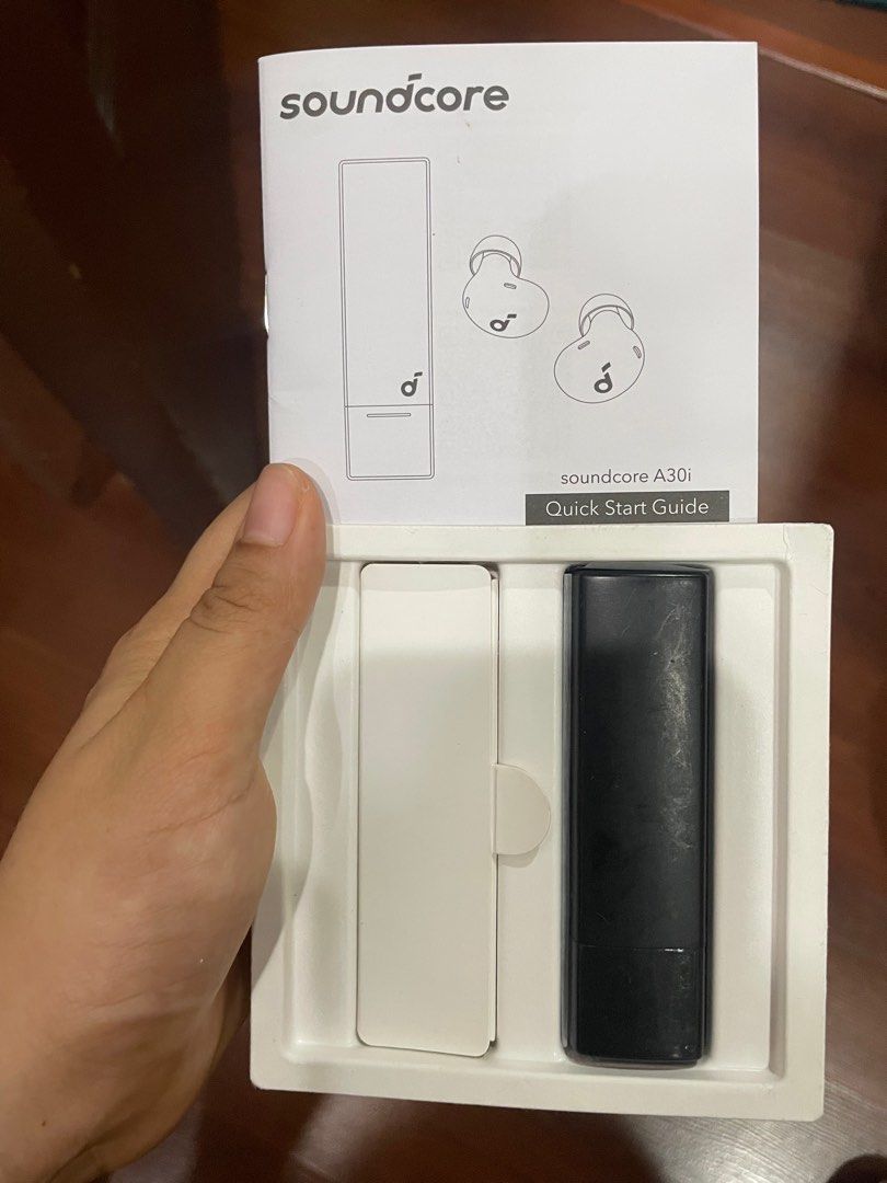 Soundcore by Anker (Category: Earphones) located in Manila. Submitted by natyforchristmas (Listing ID 1369473144, Image 2). Description: Noise Cancelling Unique lipstick shaped case Issue: 1 ear uses up more batt.