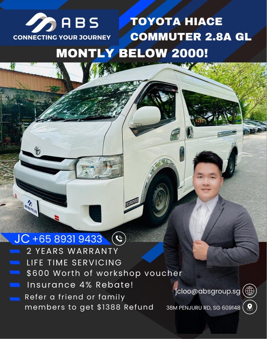 Toyota Hiace Commuter HighRoof Auto (Category: Used Commercial Vehicles for Sale) located in Singapore. Submitted by absbus (Listing ID 1369342099, Image 1). Description: 🚎 Toyota Hiace Commuter 3.0 High Roof 💎 Price = $92,988 💵 Monthly Payment = $20XX month 📅 Registration Date = 13 Aug 2020 ⏰COE Remaining = 5 Year 2 month 💡 Why Choose to buy with ABS BUS PTE LTD? 💥 ABS Member, you’ll enjoy these exclusive benefits: 💥 ✅ 2 Years warranty fo