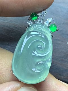 天然A貨翡翠銀鑲冰種水潤精緻如意吊墜送銀鏈64225028827010110