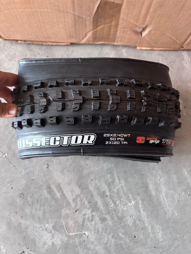 FIRESALE MAXXIS DISSECTOR 29 x 2.4 foldable tire tyre (Category: Parts & Accessories) located in Singapore. Submitted by cheapjohnent (Listing ID 1369592360, Image 1). Description: BN Maxxis Dissector 29” x 2.4 Tubeless ready Price per pc without installation Minimum 2 pcs (1 pcs +$5) 2pc @$58 SUPER GOOD DEAL LELONG PRICE! installation @$15 per wheel additional Price is fixed we will not entertain best price questions. We are a physical store. No