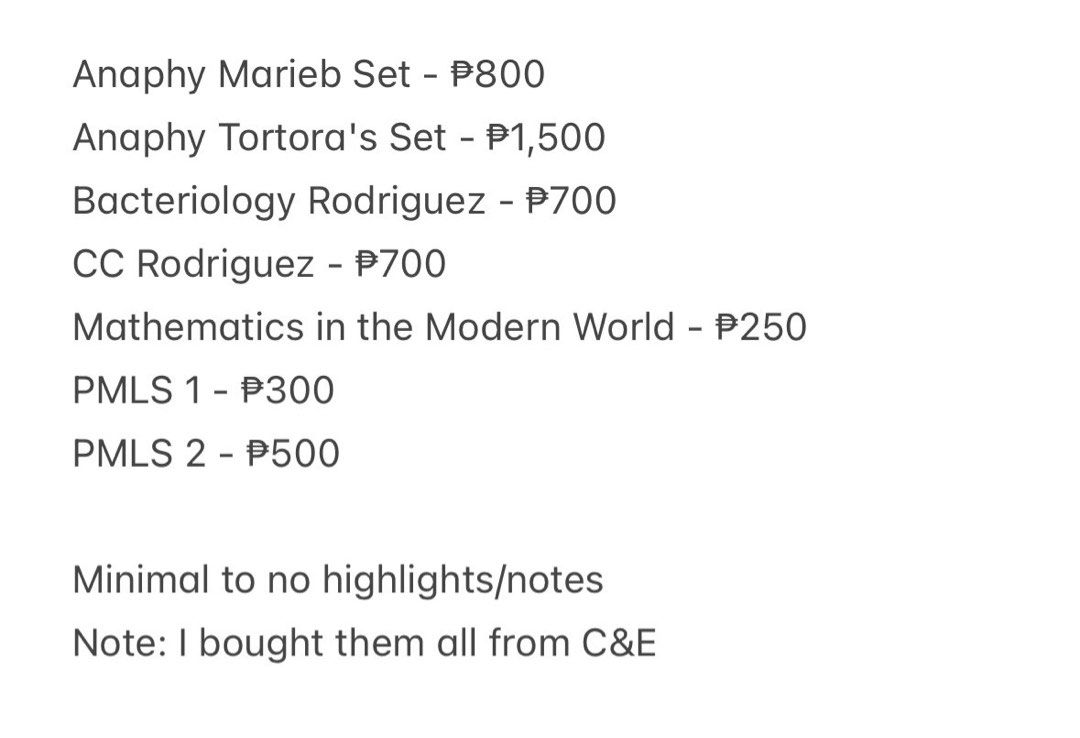 MedTech Books (Category: Textbooks) located in Tuguegarao City. Submitted by decluttersbyry (Listing ID 1369496030, Image 2). Description: wts lfb medtech books ph anatomy and physiology marieb tortora !mnacteriology rodriguez cc clinical chemistry mathematics pmls 1 principles of medical laboratory science.