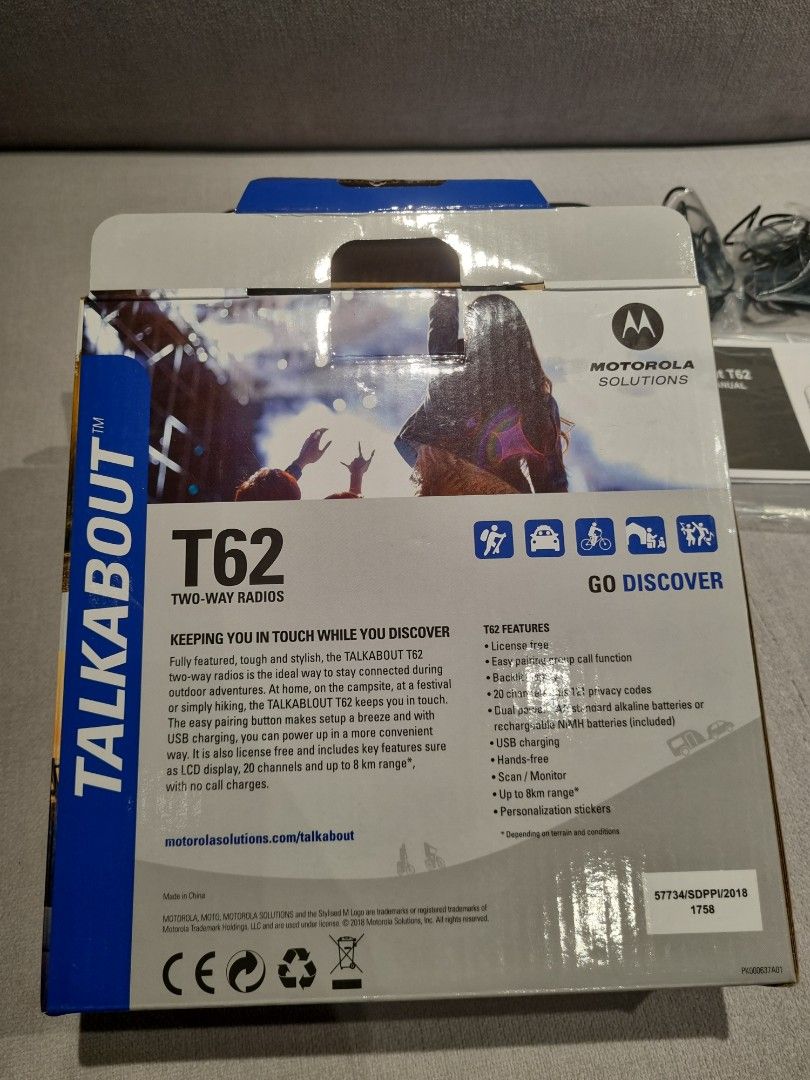 Motorola T62 Talkabout Two Radio Walkie (Category: Walkie-Talkie) located in Singapore. Submitted by charsiopao (Listing ID 1369627207, Image 3). Description: 1 set Motorola T62 Two Way Radio Walkie. Opened, but never used. Comes with the packaging 2 Walkie Phone 2 Earpiece 2 Pocket clip Charger Owner's Manual.