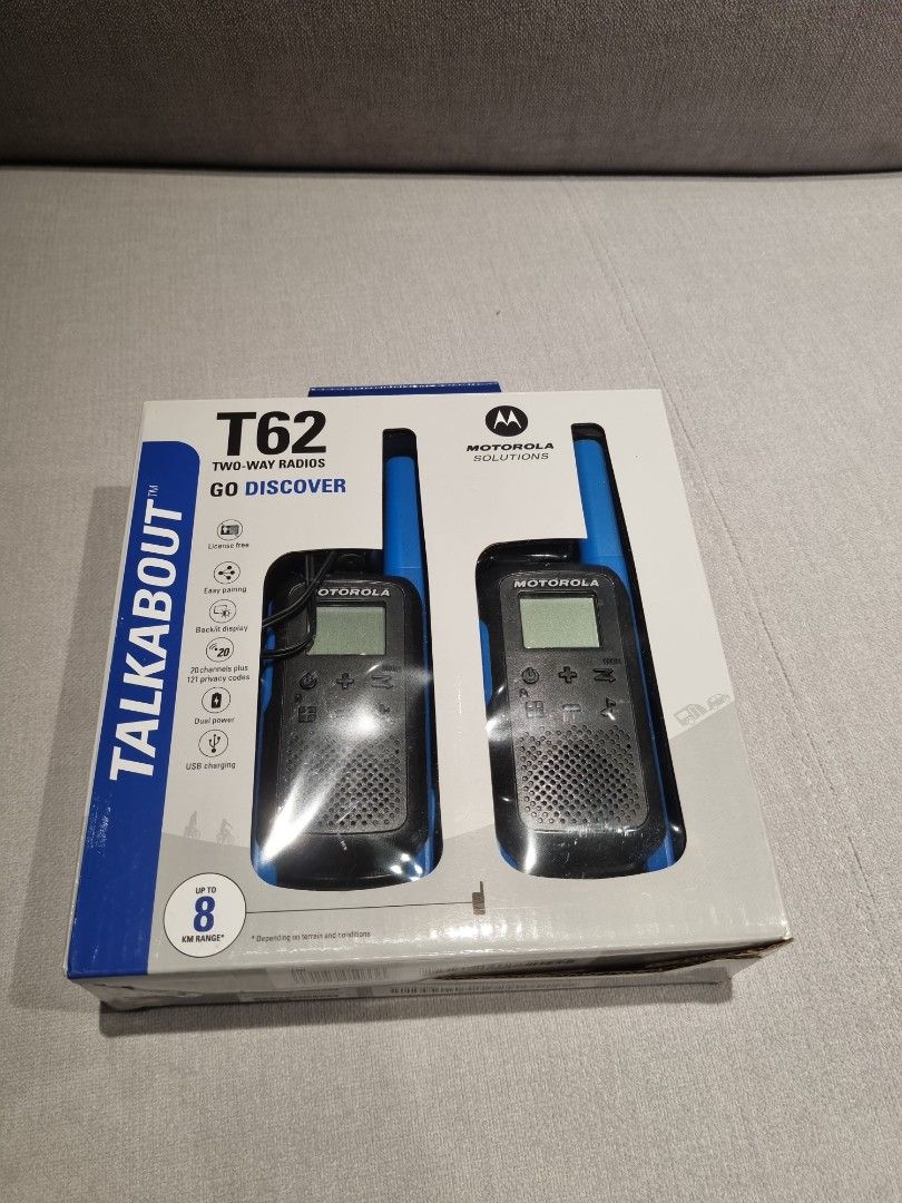Motorola T62 Talkabout Two Radio Walkie (Category: Walkie-Talkie) located in Singapore. Submitted by charsiopao (Listing ID 1369627207, Image 1). Description: 1 set Motorola T62 Two Way Radio Walkie. Opened, but never used. Comes with the packaging 2 Walkie Phone 2 Earpiece 2 Pocket clip Charger Owner's Manual.