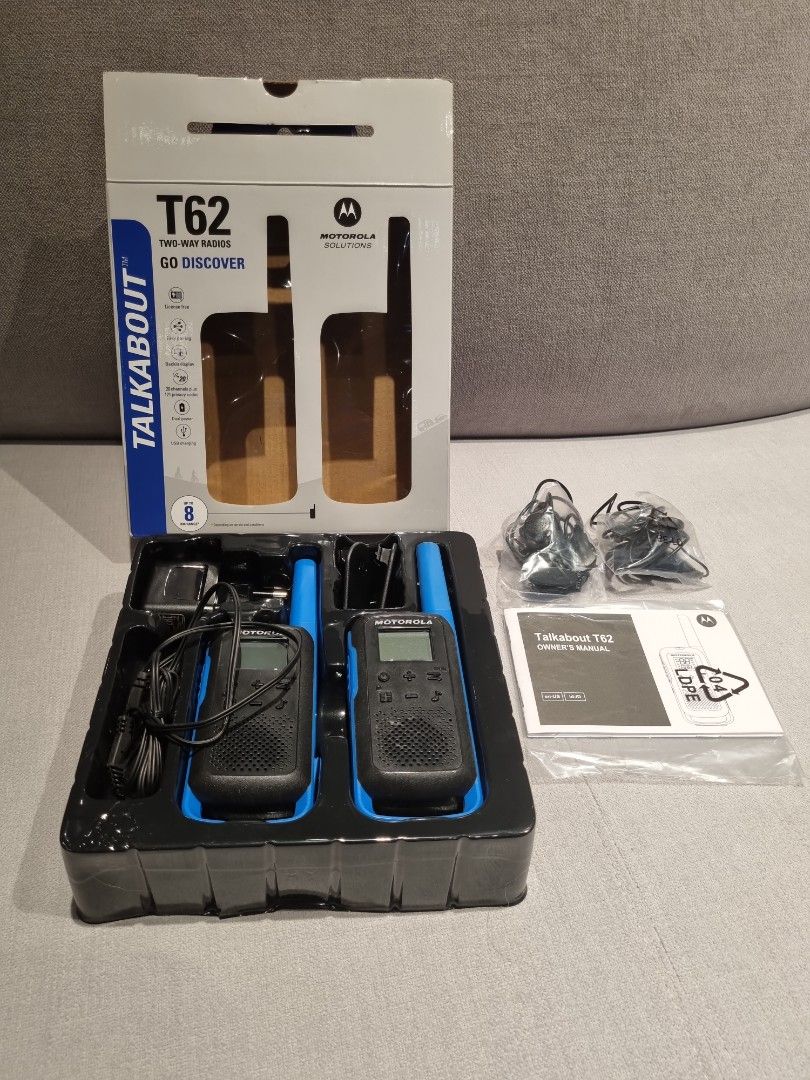 Motorola T62 Talkabout Two Radio Walkie (Category: Walkie-Talkie) located in Singapore. Submitted by charsiopao (Listing ID 1369627207, Image 2). Description: 1 set Motorola T62 Two Way Radio Walkie. Opened, but never used. Comes with the packaging 2 Walkie Phone 2 Earpiece 2 Pocket clip Charger Owner's Manual.