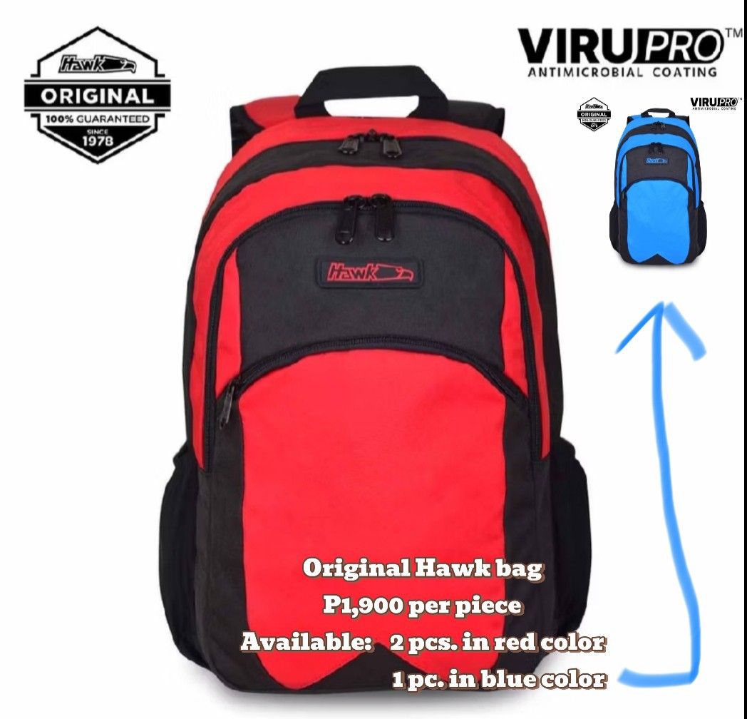 Original Hawk Bag (Category: Backpacks) located in Cabuyao City. Submitted by mylife4messiah (Listing ID 1369518467, Image 1). Description: Original Hawk Bag for sale P1,900 each. Available 2pcs. in red color 1 pc. in blue color *** with 3 compartments. with 2 side pockets for drinks. with 1 laptop divider inside..