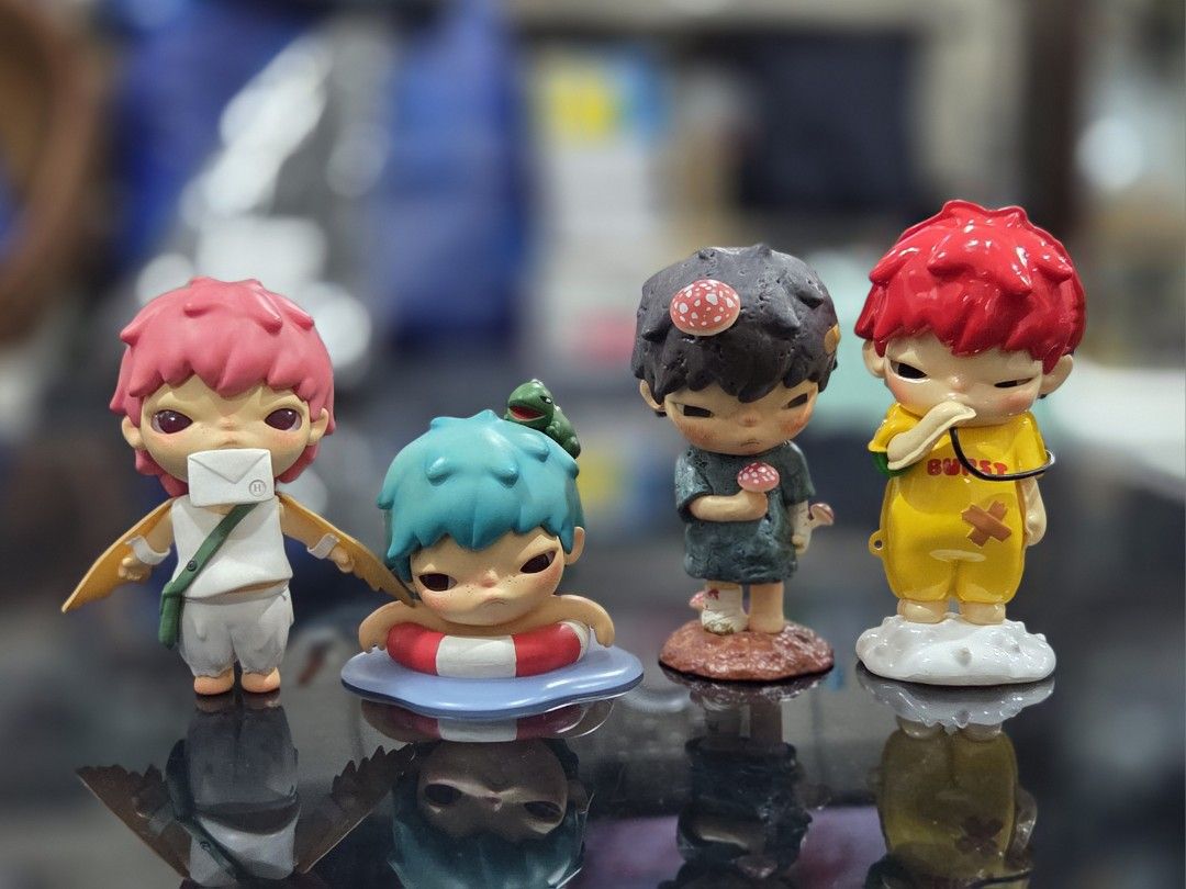 Pop Mart Hirono Set (Category: Designer & Blind Box Toys) located in Quezon City. Submitted by jamscorner (Listing ID 1369633908, Image 1). Description: wts lfb for salee 1,300 SET 4 hironos – figs only! mime seeker (no chair) LM float reshape parasite reshape float – mod: j&t, sdd – mop: gcash 📍 qc.