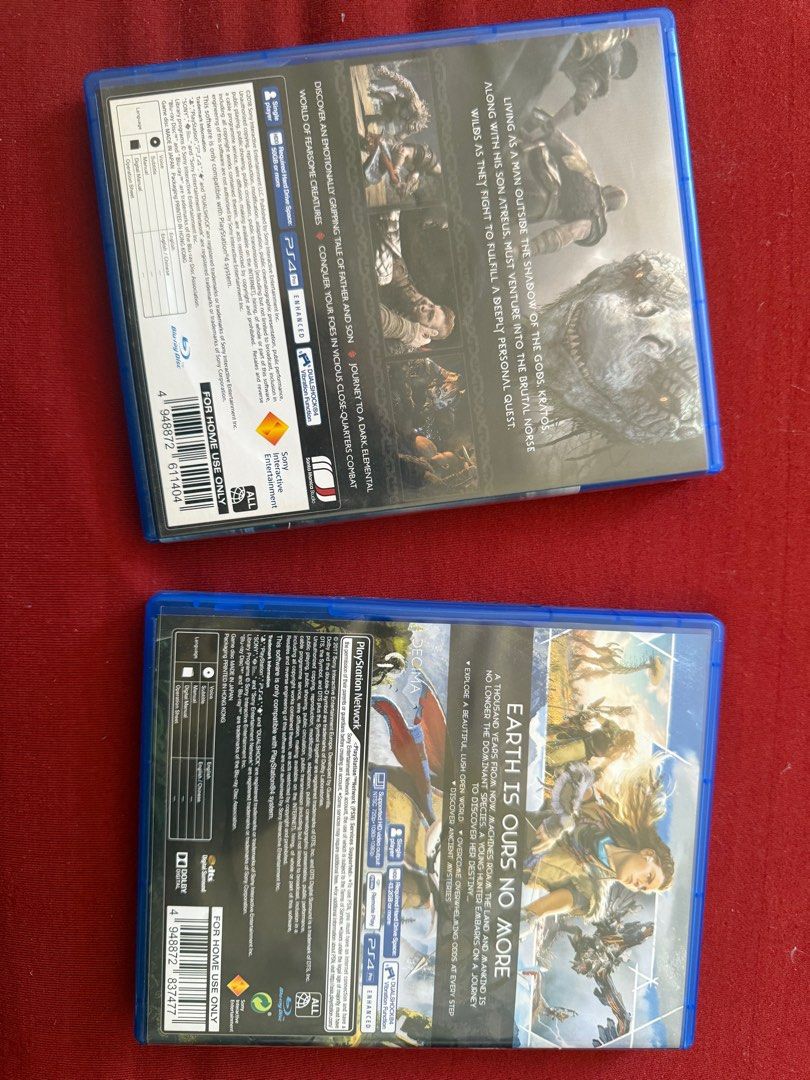 PS4 games GOW and HZD (Category: PlayStation) located in Manila. Submitted by flicker_33 (Listing ID 1369680452, Image 2). Description: God of War and Horizon Zero Dawn.
