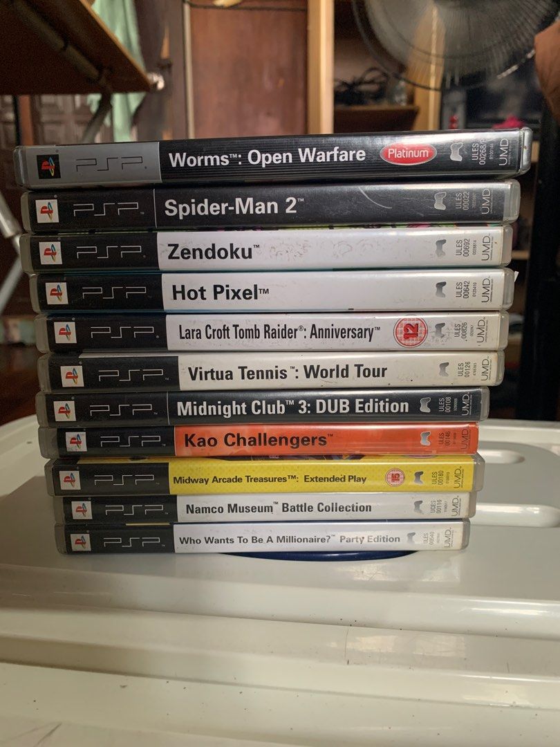 PSP UMD GAMES (Category: PlayStation) located in Manila. Submitted by moonlightperks (Listing ID 1367185458, Image 1). Description: PSP UMD GAMES WITH CASE 220 EACH or take all 7 remaining games for P1400. 1. Virtual Tennis World Tour 2. Hot Pixel 3.❌ SOLD Midnight Club 3 dub edition 4. Lara Croft Tomb Raider Anniversary 5. ❌ SOLD Everybody’s Golf 6. Sudoku Battle Action: Zendoku 7. Spiderman 2 8. ❌ SOLD Namco Museum Battle Collection (pacman, ga