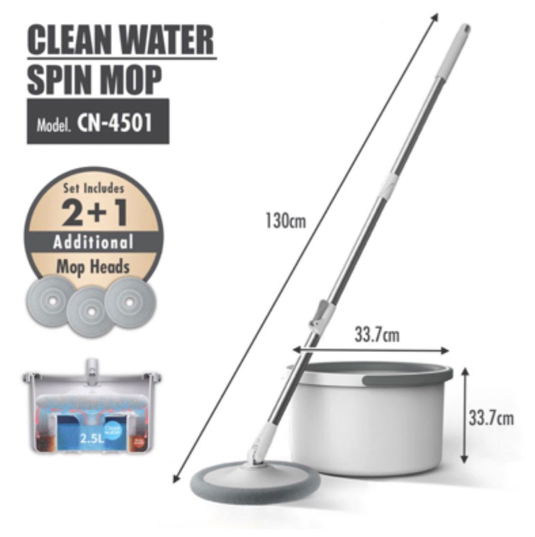 Spin Mop (Category: Cleaning Tools & Supplies) located in Singapore. Submitted by superrabbit (Listing ID 1369595474, Image 1). Description: New condition (Unused) Dimension : Bucket: ( 33.7L x 33.2W x 19H )cm Handle: ( 110 - 130H )cm Mop: ( 26D )cm Save water by using only 2.5L water Dual bucket system - separates clean and dirty water Scrubbing pad helps to remove dirt on mop as you rinse Eco-friendly reusable microfiber mop pad x 3 Light and e