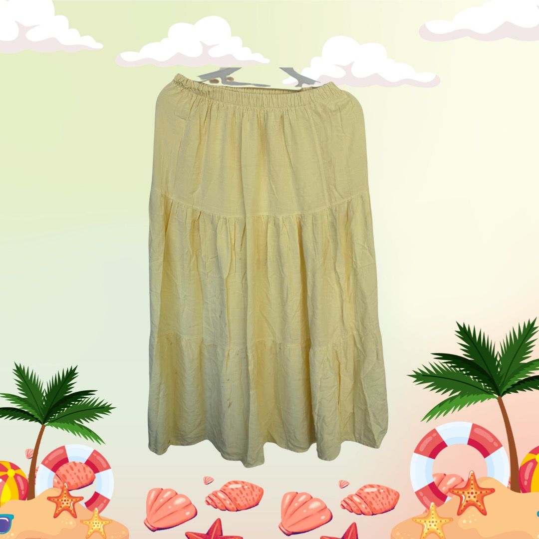 Summer yellow maxi skirt (Category: Skirts) located in Pasay City. Submitted by closetdetoxbyk (Listing ID 1369545449, Image 2). Description: ⚡️ SERIOUSLY DECLUTTERING ⚡️ ‼️Please be considerate. Hagglers and lowballers will be blocked. *Actual photos posted 📏: Free size 🔍: Swipe for actual pic, has stain that's why selling low :). Buy as is ➡️ RFS: decluttering 💸 MOP: BPI/GCash/Maya/Unionbank/GoTyme.