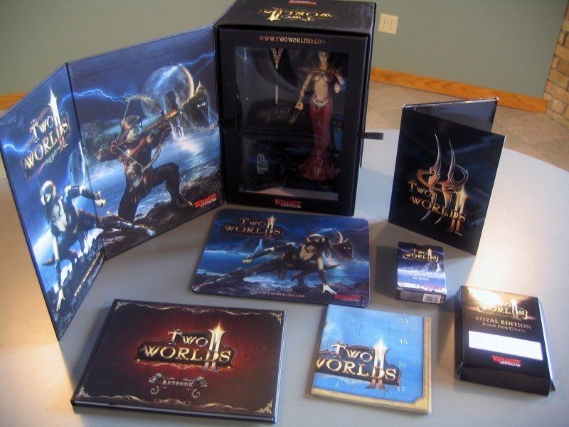 Two Worlds II Royal Edition XBOX 360* (Category: PlayStation) located in Los Banos. Submitted by princessbotique (Listing ID 1369652862, Image 2). Description: Two Worlds II Royal Edition XBOX 360* The Royal Edition of Two Worlds II comes in a unique fold-open box with a tray includes the following: Hardcover Artbook (72 pages) Map of Antaloor Textile Mousepad Playing Cards “CASSARA” figurine Bonus DVD Disc In Game Item Armor Set In Game Item “El