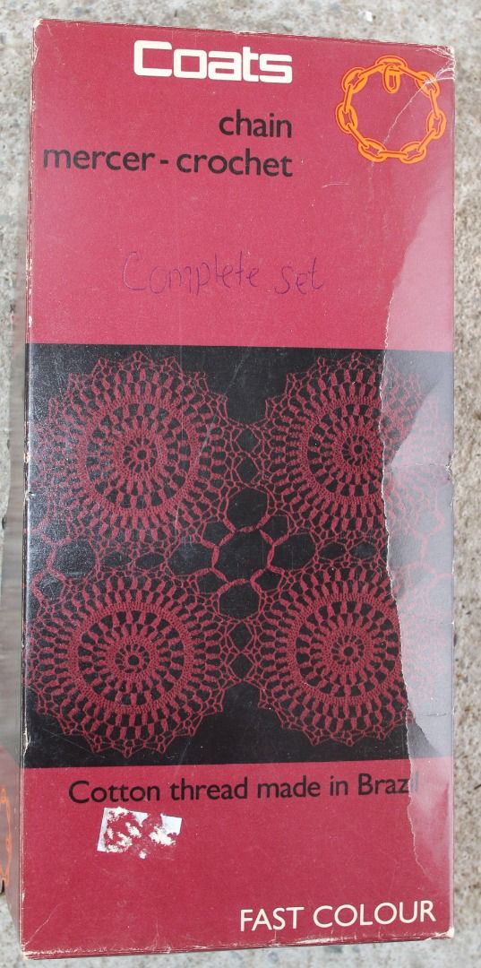 Vintage Crochet Cotton Coats Chain Mercer, Colour 609. In original box (Category: Craft Supplies & Tools) located in Burnie. Submitted by tasmanianbeauties (Listing ID 1369676499, Image 1). Description: Vintage Crochet Cotton Coats Chain Mercer, Colour 609. In original box Coats Chain Mercer Crochet Made in Brazil 10 balls, each 20g net. Shade 609, various dye lots. The box measures 24.7cm (9.6") x 11.6cm (4.5") x 5.5cm (2.2"). Every ball is stil