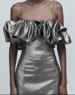ZARA Metallic Silver Puffed Party Mini Dress