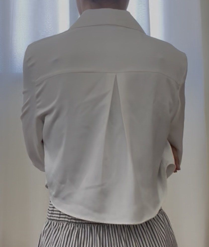 Zara Satin Button Down Crop Top in White (Category: Blouses) located in Mandaluyong City. Submitted by trishi.trish (Listing ID 1369552335, Image 3). Description: - In great condition - Material is super soft and thick - Original price was 1995 I’m 5ft 3”, 32” bust and usually a size XS-S. Sizes when laid flat: - 18” bust - 17” length - 7” sleeve width - 23” sleeve length RFS: Decluttering.