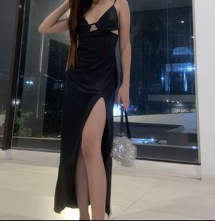 black satin silk slit dress formal party