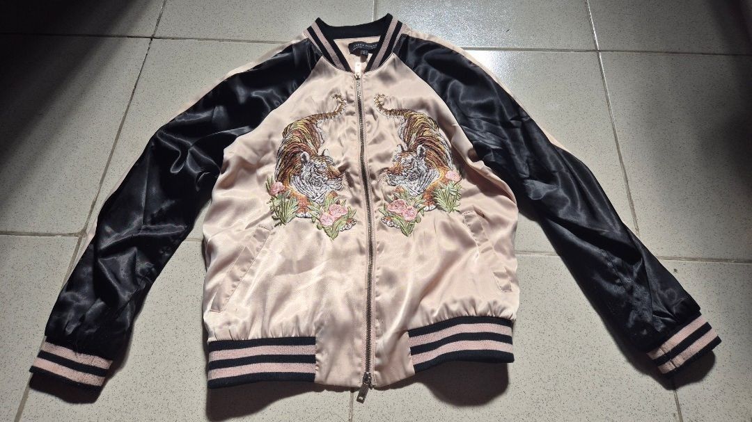 Blush pink & black bomber jacket with embroidered tiger (Category: Coats, Jackets and Outerwear) located in Las Pinas. Submitted by gui_closet (Listing ID 1369777160, Image 1). Description: .