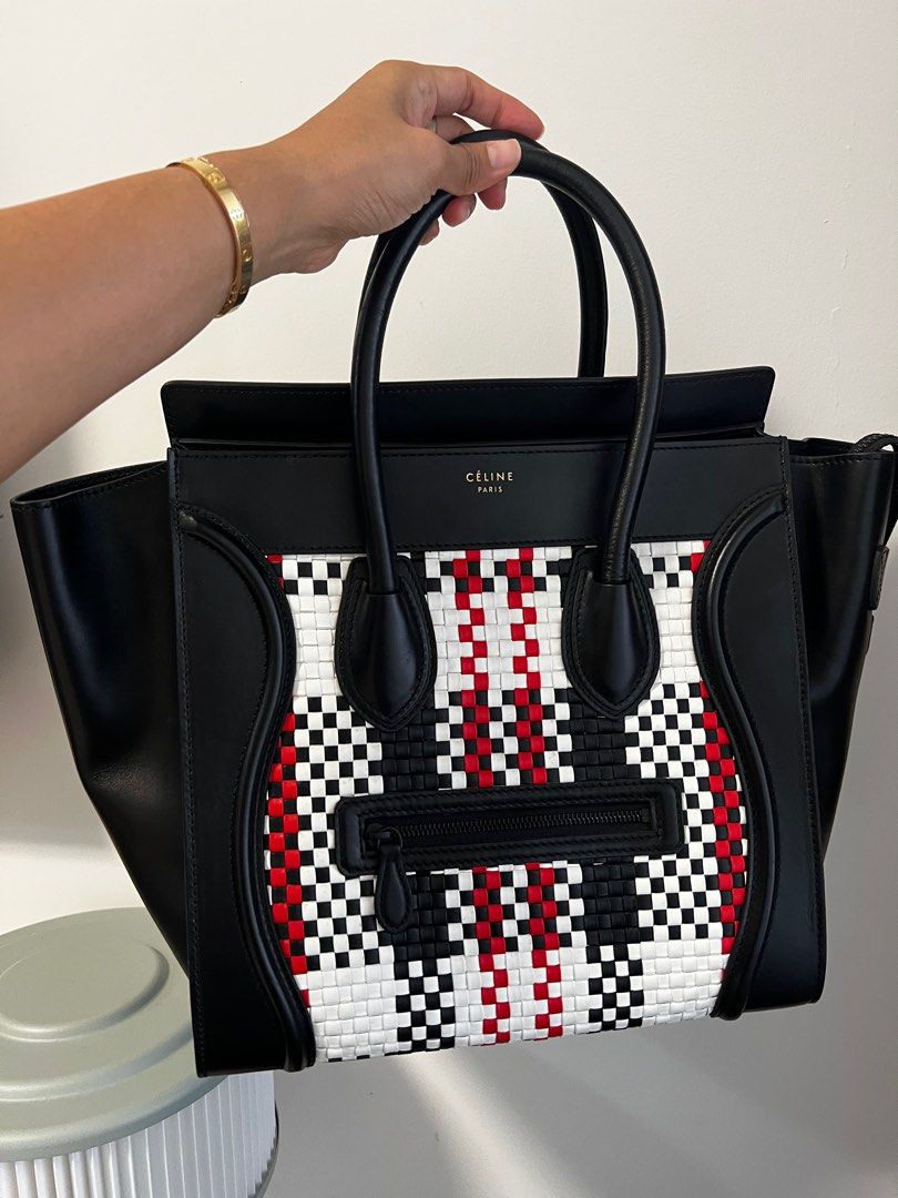 Celine Mini luggage woven (Category: Bags & Wallets) located in Singapore. Submitted by nyaxxi (Listing ID 1369702837, Image 1). Description: Celine luggage bag with front zip. Size: MINI Black/white/red with weaving. Very good condition. There are minor scratches at the back part. Interior is in very good condition, no smell, no stain or sticky leather parts. MINI Luggage Dimensions: Longest Length: 19.5 inches Height: 11.75 inches Width: 7.25 i