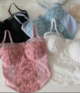 (PINK) Floral Lace Spagetti Strap Top - Padded Vest Crop Top