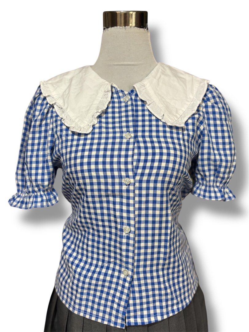 Gingham blue and pleated skirt top S-M (Category: Blouses) located in Mati. Submitted by classicatch.ph_new (Listing ID 1369774150, Image 2). Description: top 100 skirt size 28 100.