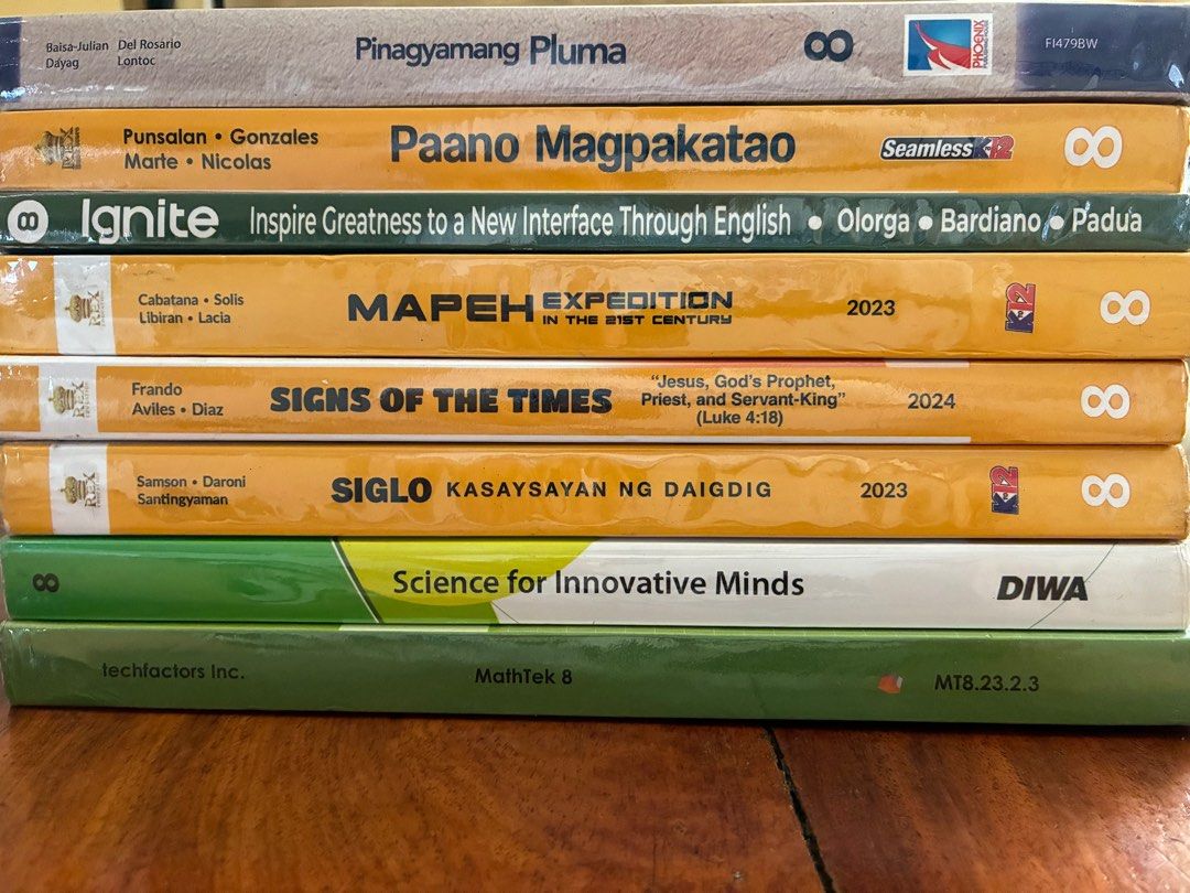 Grade 8 textbooks (Category: Textbooks) located in Paranaque City. Submitted by keidijaydi (Listing ID 1369750253, Image 1). Description: -all covered with plastic -no writings except for siglo and mathtek which has writings on 2-3 pages. -150 each; 120 for siglo &mathtek -1000 for the lot -MOP-gcash -shipping c/o buyer.