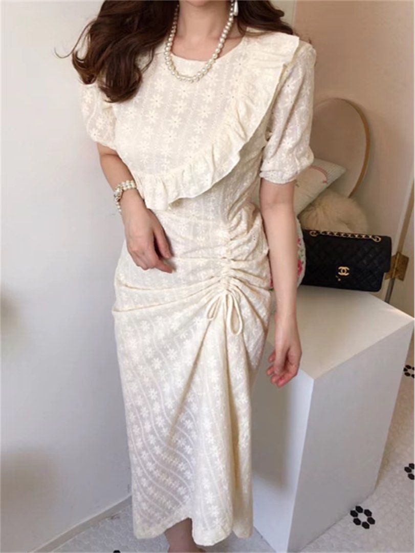 Korean Katbol 31Fashion bodyfit pearl dress/ eyelets dress super cute  bodycon ruffle dress/ dress katbol putih lengan balon