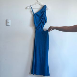 One Shoulder Blue  Maxi Dress with Waist Cut Out Detail