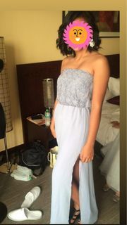 Periwinkle pastel vintage tube strapless lace long dress gown with slit with sheer cardigan jacket wedding guest prom dress formal bridesmaid
