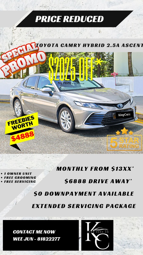 Toyota Camry Hybrid 2.5 Ascent (A) (Category: Used Cars) located in Singapore. Submitted by kingcarzsg (Listing ID 1369853717, Image 1). Description: 💰 $6888 Drive Away Promotion! 🧨 Clearance sale on going! 💸 Most affordable cars available 🚗 700 over cars for selection ✅ Low mileage 🔥 Certified pre-owned cars with 118-points vehicle inspection done at our workshop 🏦 Full loan/ $0 downpayment/ $0 driveway available! 📈 High trade-in value 💰
