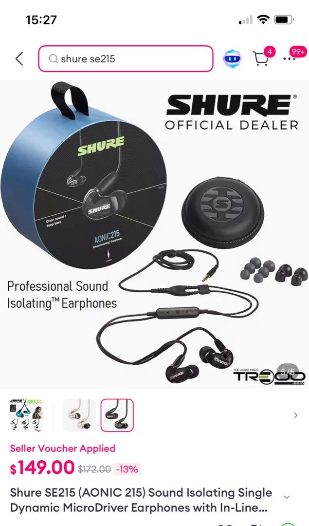 $169 worth SHURE SE 215 Earphone with Mic (with warranty) (Category: Headphones & Headsets) located in Singapore. Submitted by bala_thehifiguy (Listing ID 1369946163, Image 2). Description: Almost Brand New. Used once/ twice. Bought in Mar 2025. Original. Have receipt. Covered by Warranty. Original MRP price $169. Brand is SHURE Not Audio Technica, Sony, Bose, Sennheiser, JBL, Apple, etc. .