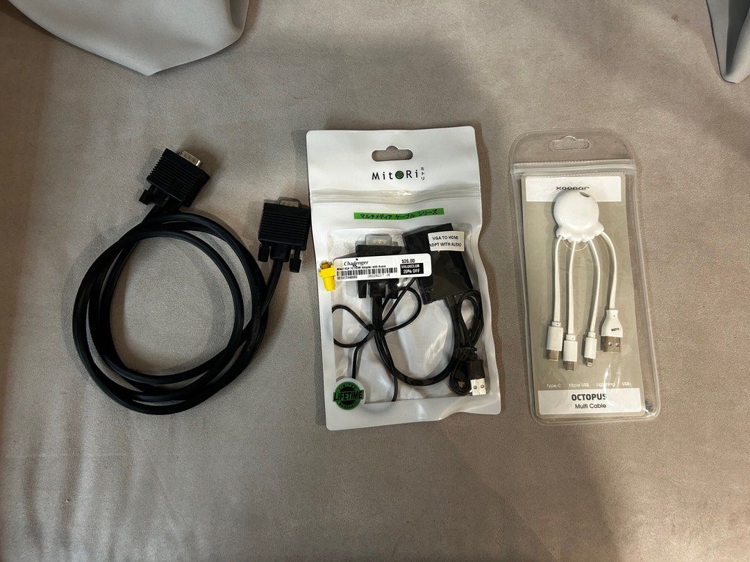 Assorted Cables (Category: Cables & Adaptors) located in Singapore. Submitted by lgdealer (Listing ID 1369878180, Image 1). Description: Never used before. VGA Cable - 3 USB to multiple output cable - 3 VGA to hdmi conversion cable - 10 Take all for 13. Smartpac mailing +3.