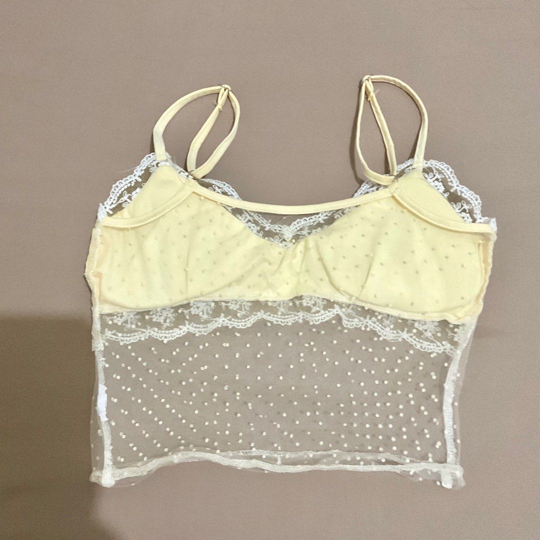 Butter Yellow Polka Dot Lace Mesh Top (Category: Sleeveless) located in Marikina City. Submitted by mlffy (Listing ID 1370025310, Image 2). Description: 🧈 Butter Yellow Polka Dot Lace Mesh Top 🤍 Size XXS-S, Padded top 32-34AB! 👛 GCash.