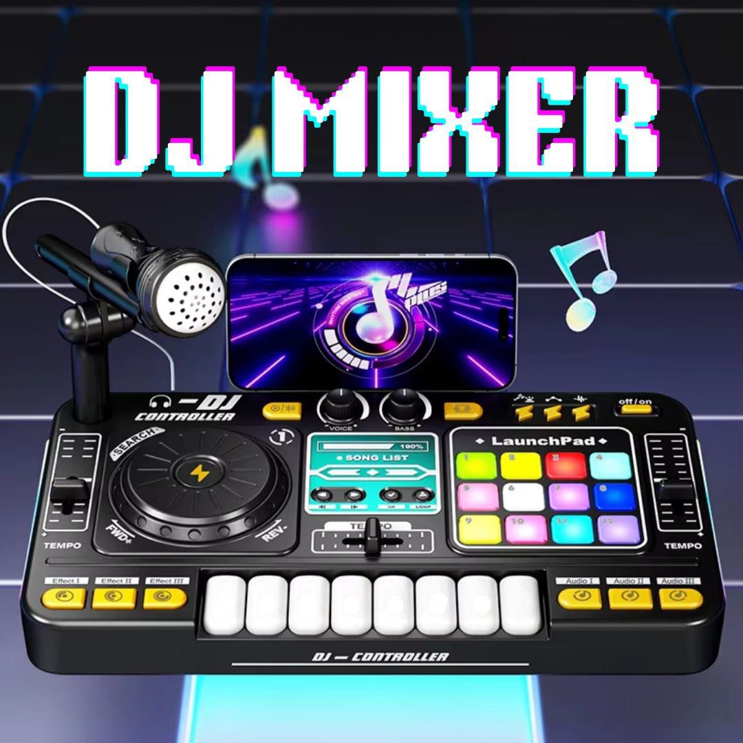DJ Mixer (Category: Portable Music Players) located in Quezon City. Submitted by tanyachoa (Listing ID 1369885940, Image 1). Description: 🎈w/ lights & sounds 🎈working microphone 🎈rechargeable 🎈w/ charging cord.