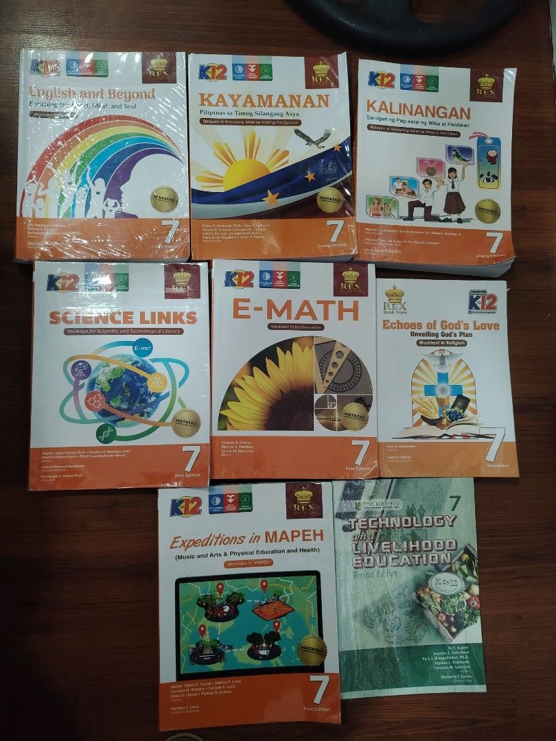 Grade 7 text Books(used) (Category: Textbooks) located in Binan City. Submitted by myorangeshop (Listing ID 1369904398, Image 2). Description: Most of the books has less writings Some has no writings good as new First come first serve lang po P450 each.