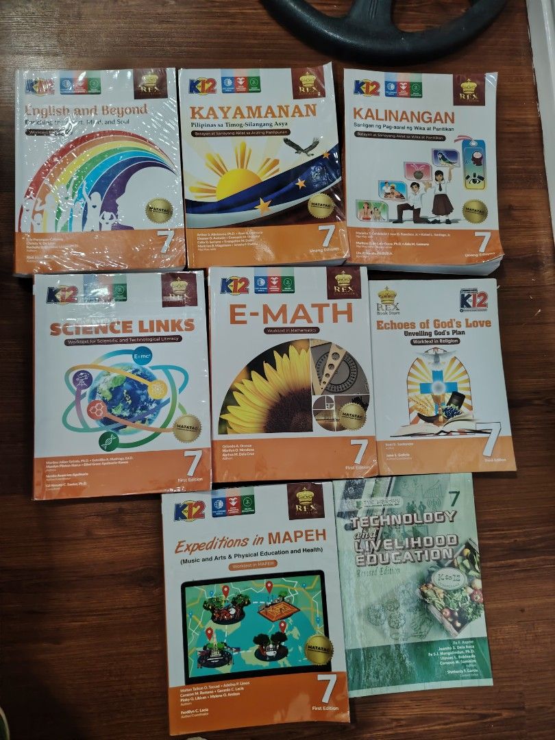 Grade 7 text Books(used) (Category: Textbooks) located in Binan City. Submitted by myorangeshop (Listing ID 1369904398, Image 1). Description: Most of the books has less writings Some has no writings good as new First come first serve lang po P450 each.