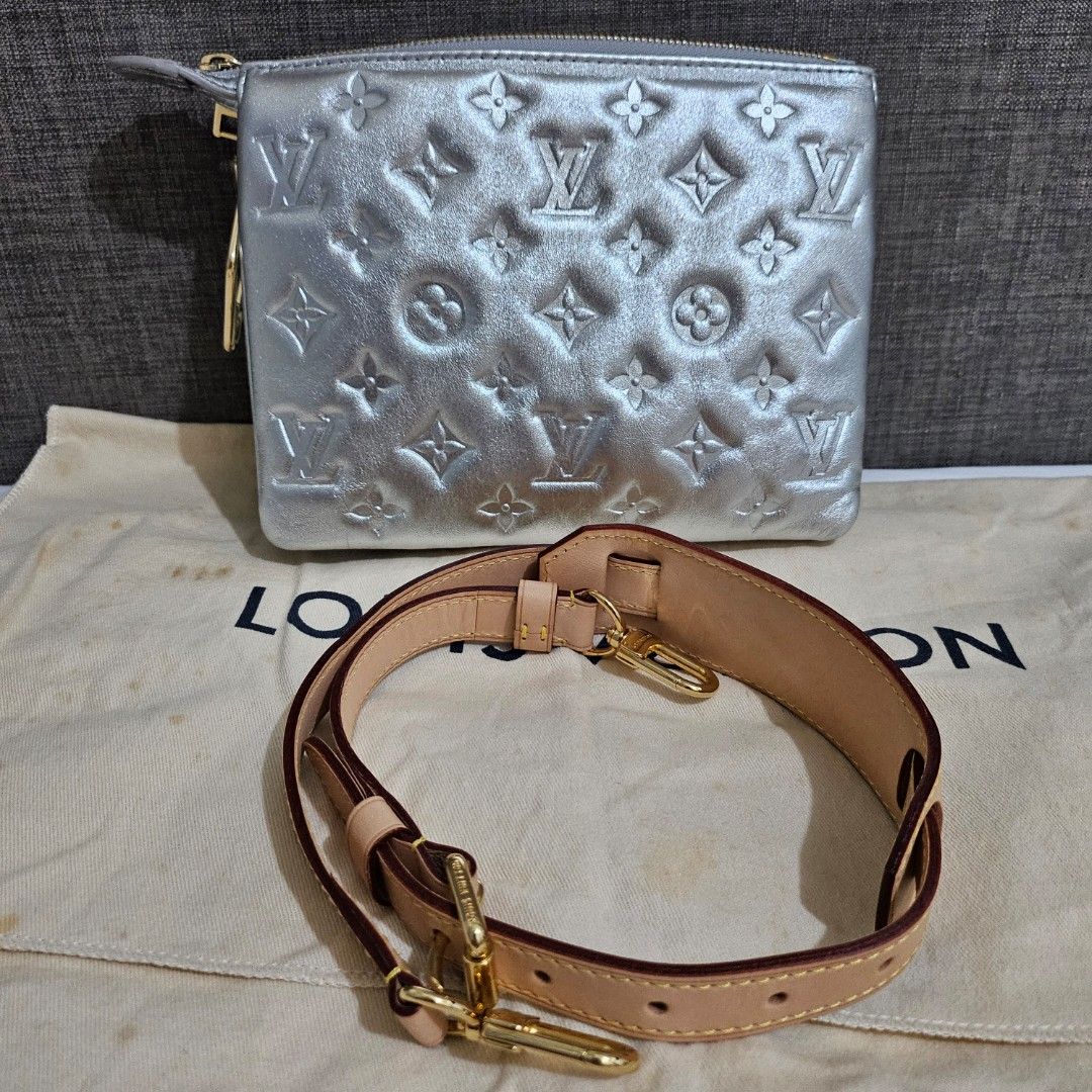 Louis Vuitton Coussin BB (Category: Luxury Bags & Wallets) located in Manila. Submitted by decluttering_account (Listing ID 1369965795, Image 1). Description: Louis Vuitton Satin Sequin Embroidered Coussin BB Silver Microchipped With box, dustbag, leather strap Selling low.