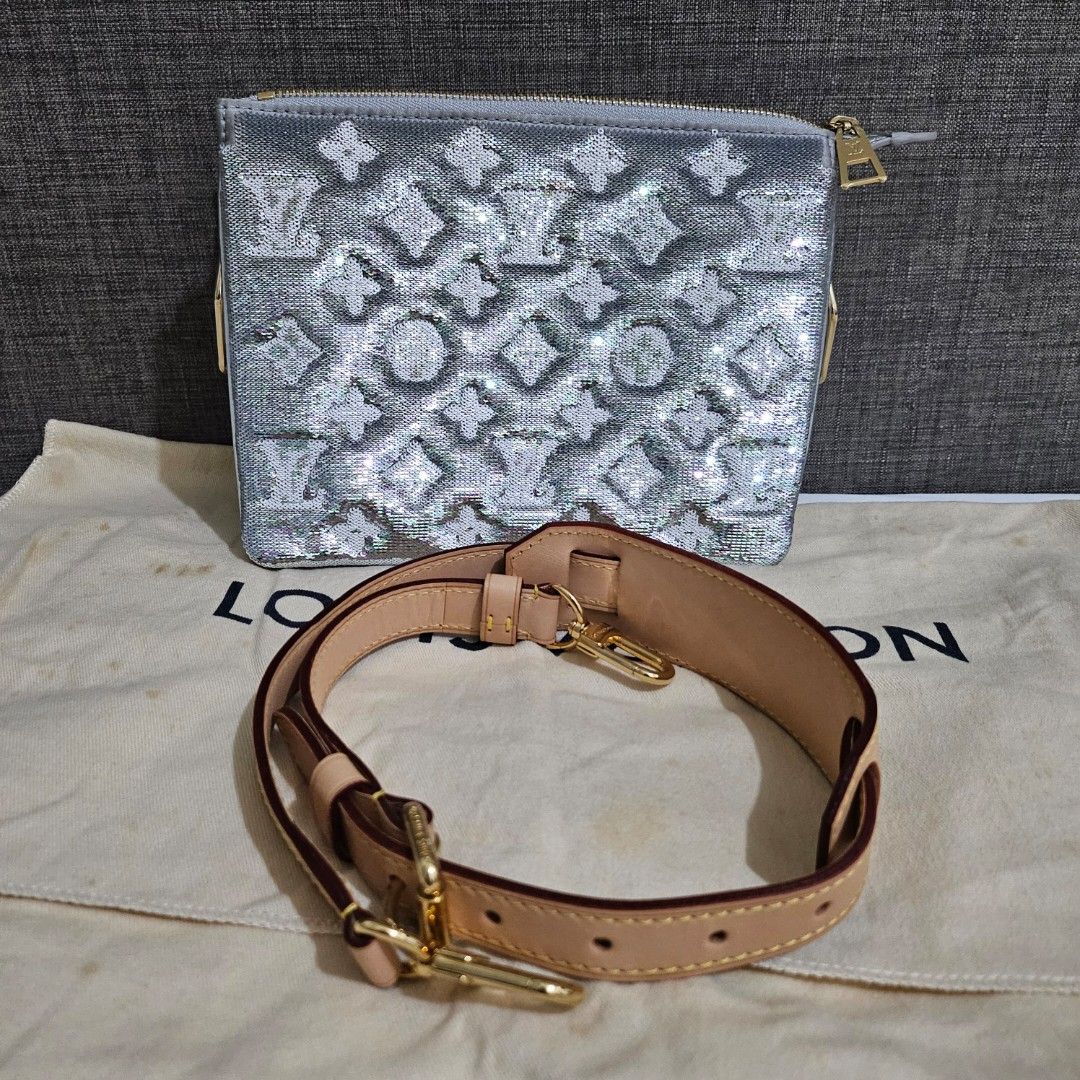 Louis Vuitton Coussin BB (Category: Luxury Bags & Wallets) located in Manila. Submitted by decluttering_account (Listing ID 1369965795, Image 2). Description: Louis Vuitton Satin Sequin Embroidered Coussin BB Silver Microchipped With box, dustbag, leather strap Selling low.