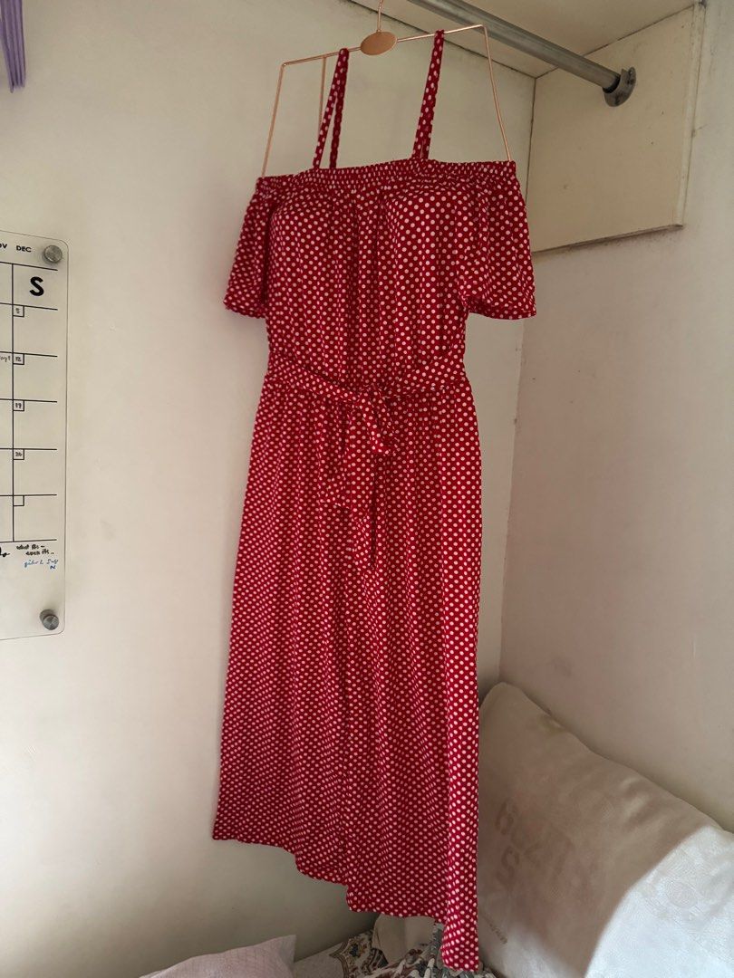 Red Cotton Polkadots off-shoulder Jumpsuits / Romper Pants (Category: Jumpsuits) located in Mabalacat. Submitted by reaaa.apbp (Listing ID 1369893065, Image 2). Description: Red Cotton Polkadots off-shoulder Jumpsuits / Romper Pants - never been used - soft cotton fabric - free size - garterized waist.