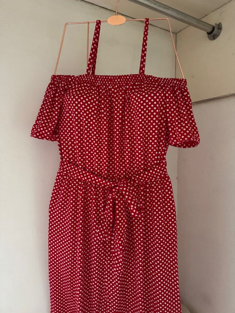 Red Cotton Polkadots off-shoulder Jumpsuits / Romper Pants (Category: Jumpsuits) located in Mabalacat. Submitted by reaaa.apbp (Listing ID 1369893065, Image 1). Description: Red Cotton Polkadots off-shoulder Jumpsuits / Romper Pants - never been used - soft cotton fabric - free size - garterized waist.